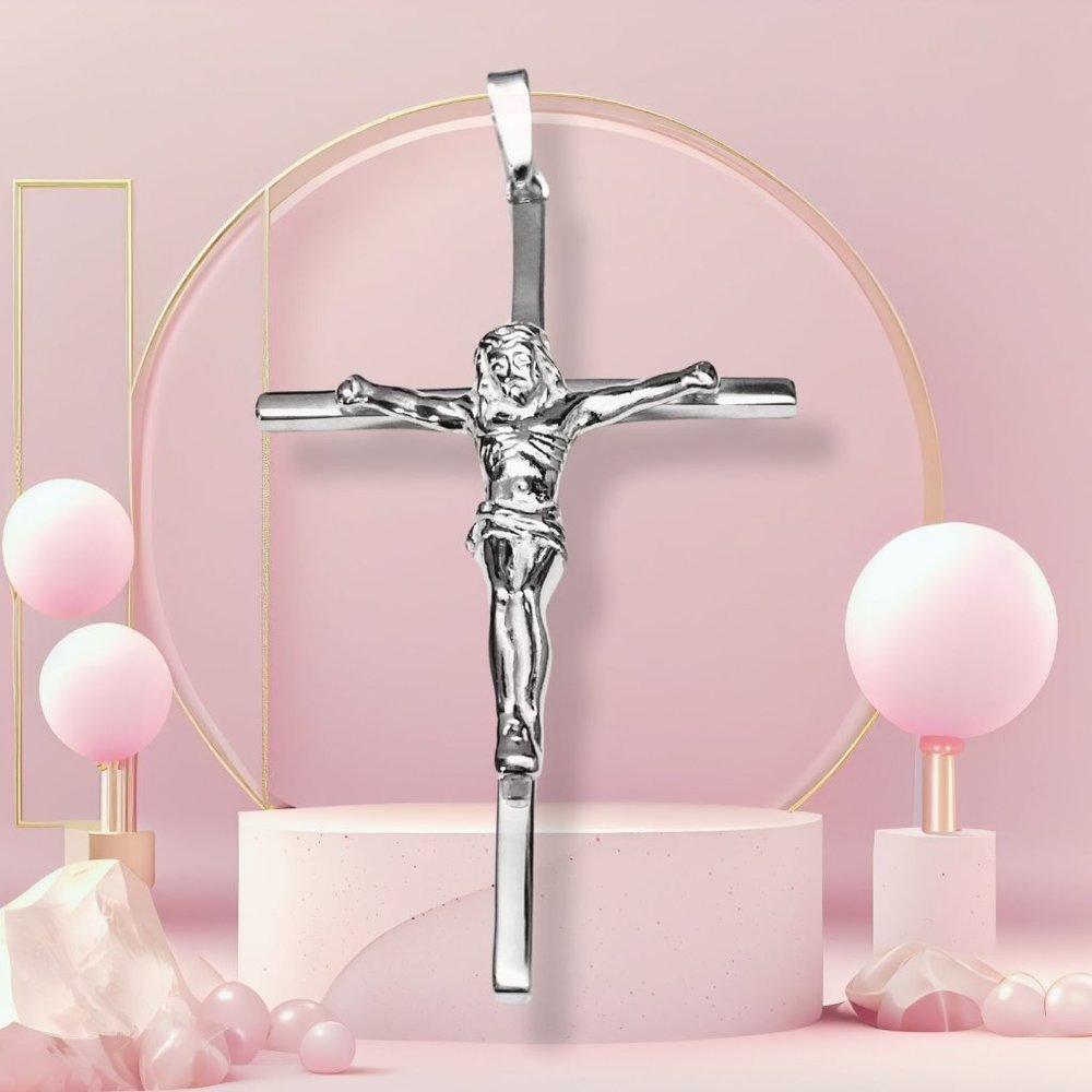 White Gold Women's Crucifix Cross Jesus Pendant Solid 925 Sterling Silver